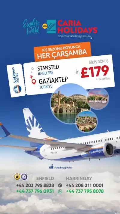 Caria Holidays'ten Stansted - Gaziantep Arası Özel Kampanya: Sun Express ile Direkt Uçuşlar ve 30 kg Bagaj Hakkı!